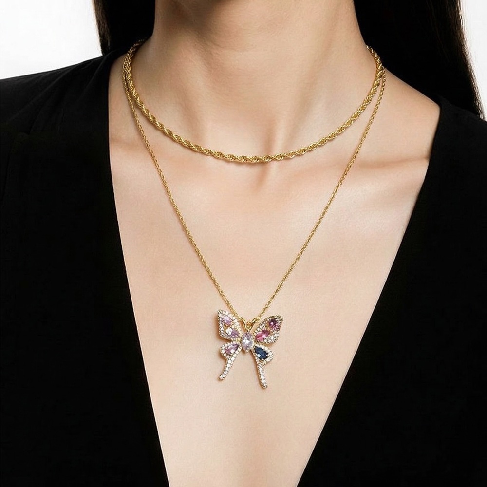 Gold Plated Butterfly Pendant Necklace with Multicolor Stones - Women Jewelry